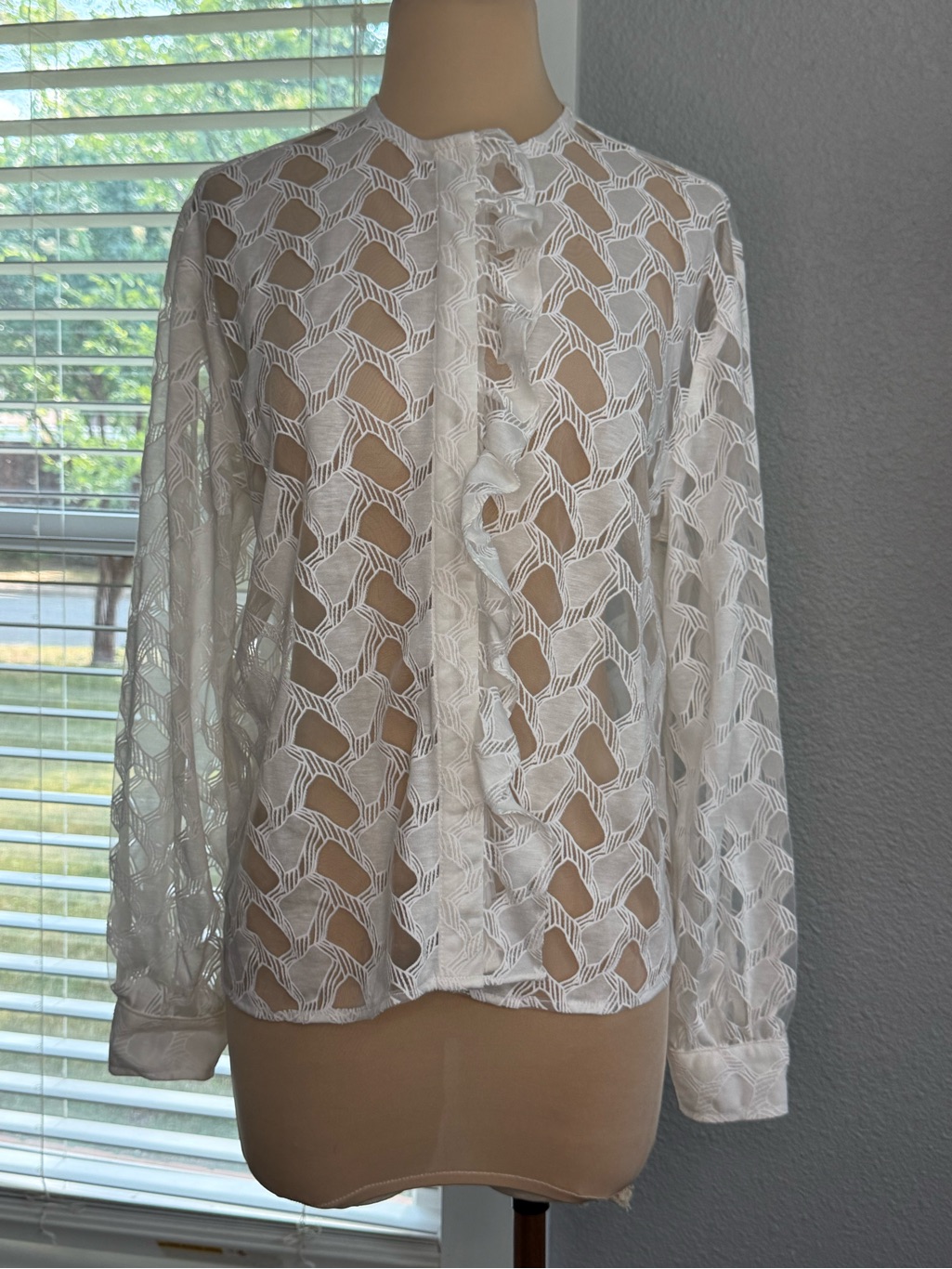 Koch Sheer White Blouse With Ruffle Front Size Medium Geometric Pattern